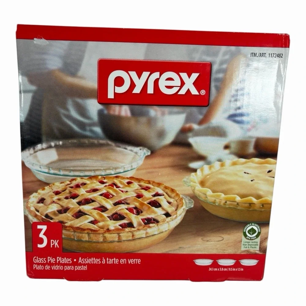 Pyrex Pie Plates 3 pk Glass Pie Plates 9.5 x 1.5 inches Freezer Oven Safe